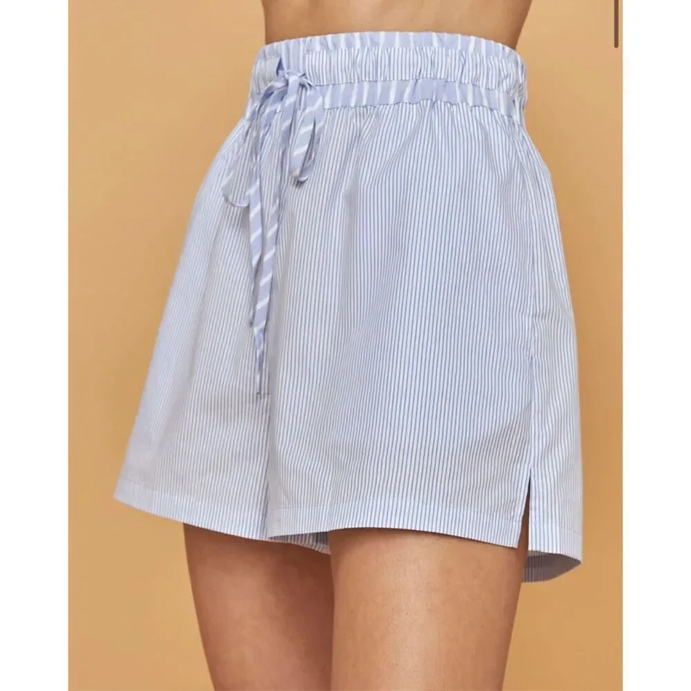 Carbon38 Blue and White Striped High Rise Paper Bag Lounge Shorts Sz Small NWT